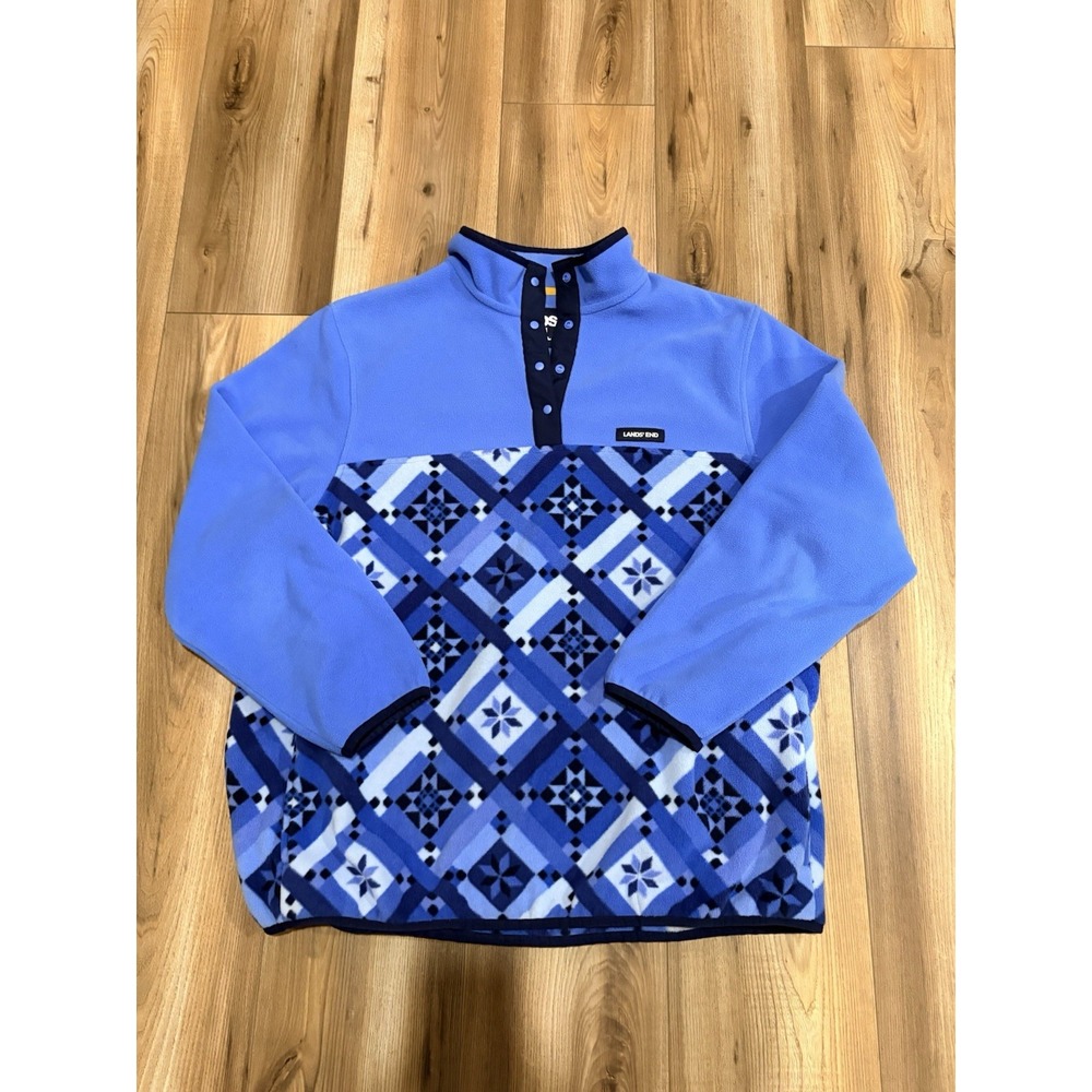 Lands End Women's 1X Blue Fleece Quarterzip Snap Geometric Design Pockets Thick